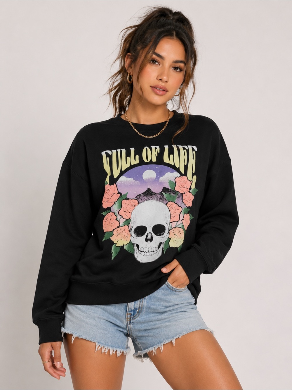 Wound Up Full of Life “skull” Graphic Fleece Sweatshirt